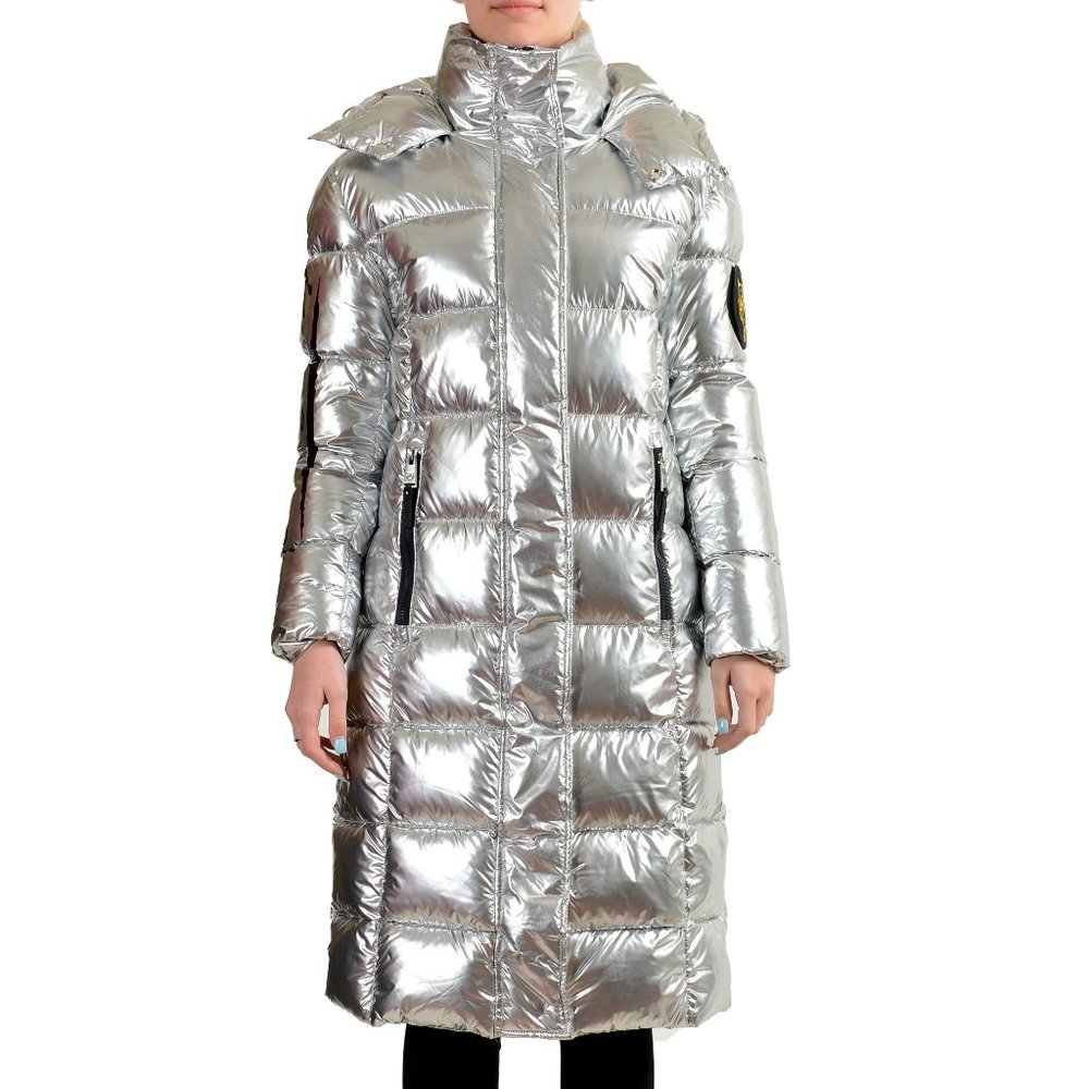 Plein Sport Women's Silver Hooded Logo Print Zip Up Long Parka Jacket